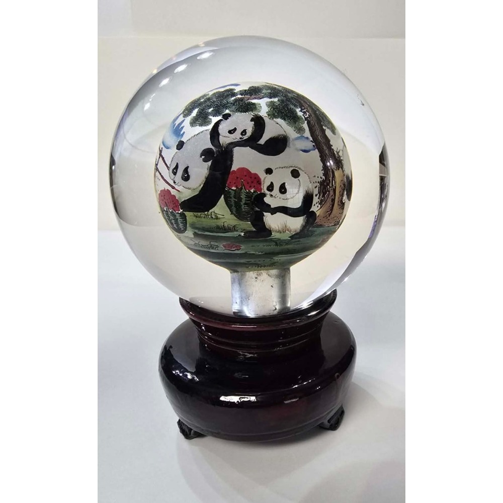 Vintage Reverse Hand-Painted “Panda Theme” Glass Globe With Rotating Wood Base